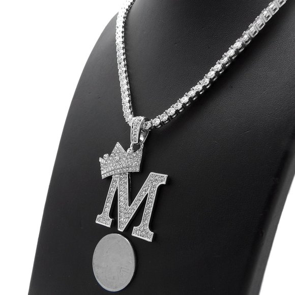 Initial Letter "M" Pendant Tennis Chain Necklace - Picture 10 of 10